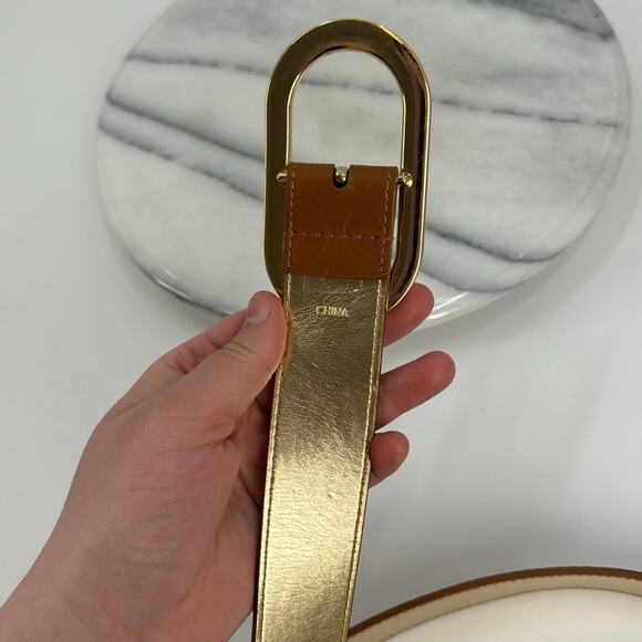 Michael Kors gold and faux leather brown mk embossed belt - Picture 5 of 8